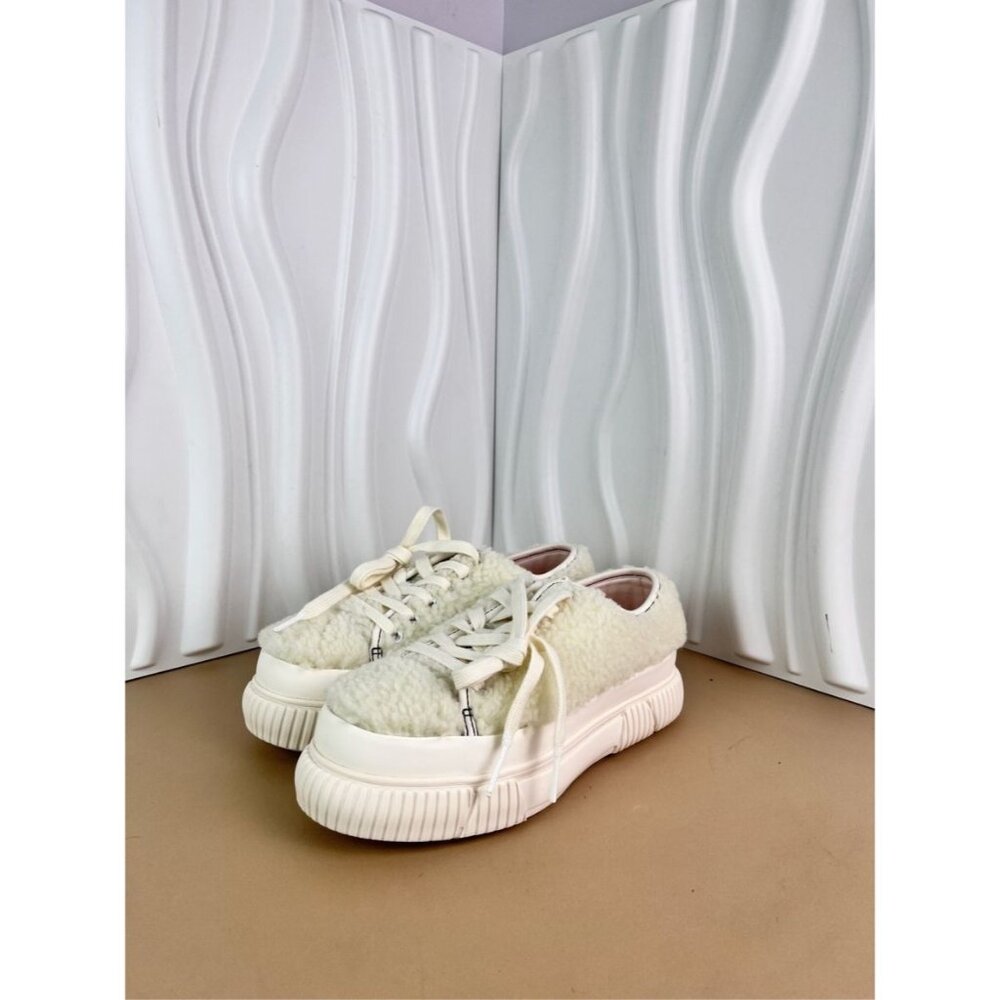 Both Womens White Faux Shearling Low-Top Sneakers With Lace-Up Closure